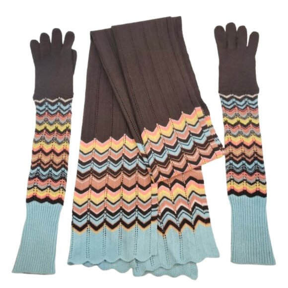 Missoni for Target Long Gloves and Scarf Set in Brown Pink Blue Chevron Stripes - Picture 2 of 11